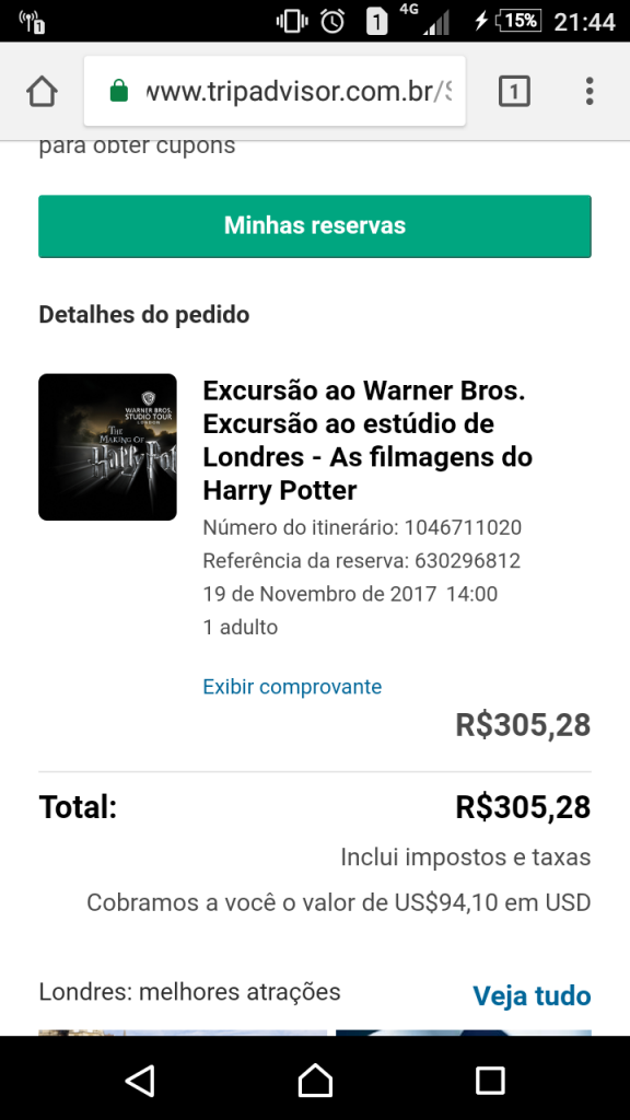 Resumo da minha compra para o The Making of Harry Potter Tour 